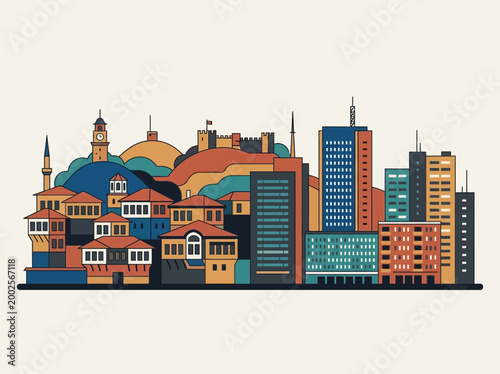 Ankara City Skyline Illustration with Historical Castle and Modern Skyscrapers, Flat Vector Art Turkish Cityscape