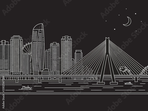 Tableau sur toile Da Nang City Vietnam Skyline Line Art Illustration at Night with Dragon Bridge,