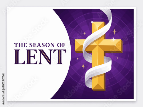 Christian Season of Lent Background with Golden Cross, White Ribbon, and Purple Radiant Design for Religious Celebration and Church Services
