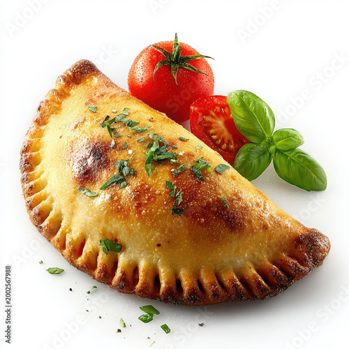 Golden baked calzone pastry garnished with fresh parsley whole tomato and basil leaves