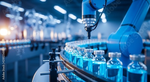 Pharmaceutical robotic arm processes glass vials on a high-speed conveyor belt. Sharp focus and blue cinematic lighting highlight modern manufacturing. Ideal for pharmaceutical industry brochures.