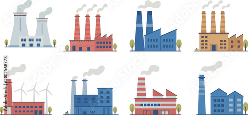 Fotografie Set of flat industrial factory building icons with smoke stacks power plants and
