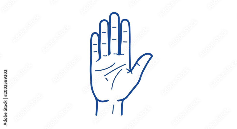 Fototapeta premium Minimalist hand icon with open palm gesture, blue line art human hand vector illustration, stop sign and high five symbol for web design