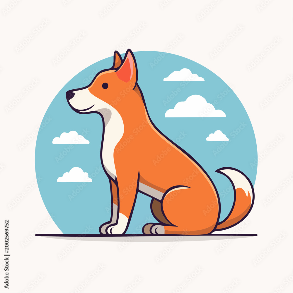 Fototapeta premium Cute cartoon dog sitting with clouds in the background