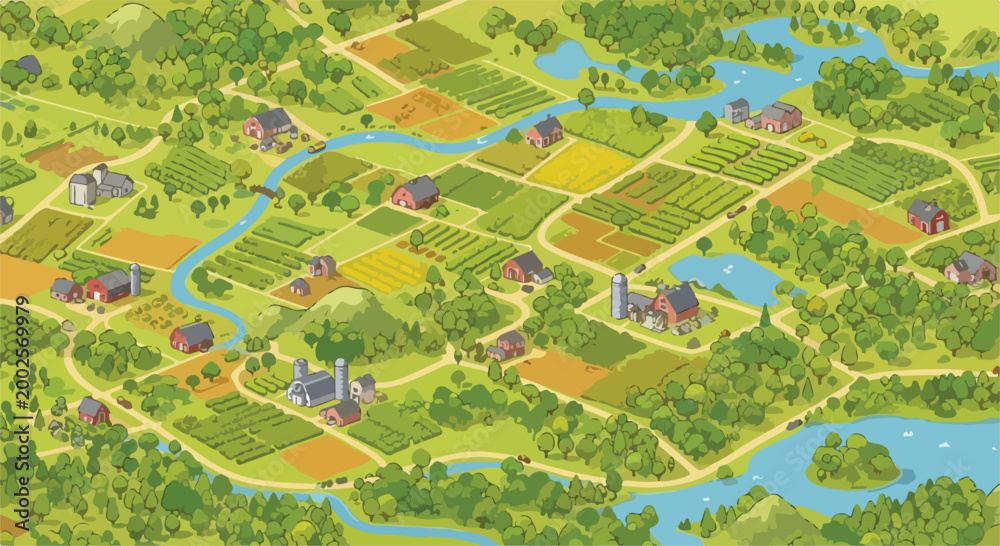 Naklejka premium Isometric rural farmland landscape with red barns and green fields, aerial view of agricultural countryside map, vector illustration of farm village
