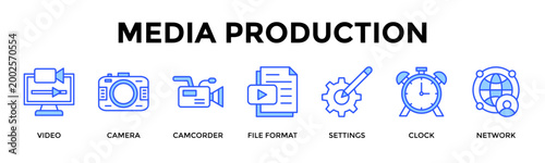 Media Production  Banner Web  Icon Set Collection Pack Vector Illustration Concept Containing Video, Camera, Camcorder, File Format, Settings, Clock, Network