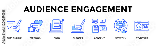 Audience Engagement  Banner Web  Icon Set Collection Pack Vector Illustration Concept Containing Chat Bubble, Feedback, Blog, Blogger, Content, Network, Statistics