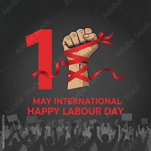 International labour day celebration with raised fist and red ribbon, silhouettes