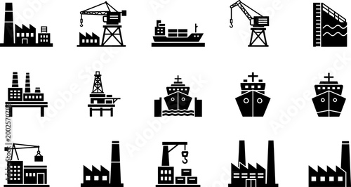 Collection of shipping and port related outline icons, showing various containers and cranes