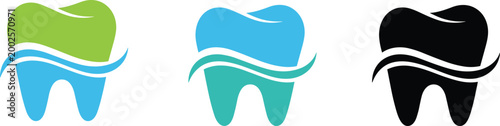 Professional tooth logo set with wave elements representing dental clinic oral health care hygiene and stomatology medical services vector