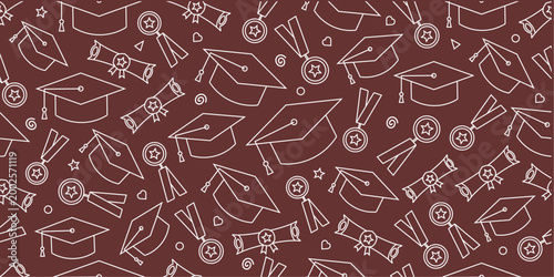 Graduation theme pattern background. Seamless graduation attributes doodle pattern. Graduation supplies icon. Set of graduation attributes icon.