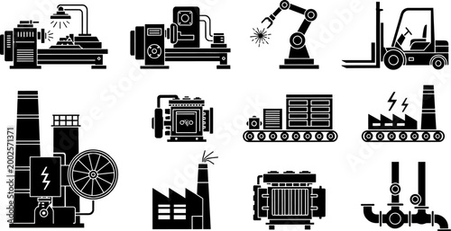Industrial power generation and factory processing with heavy duty machinery and equipment