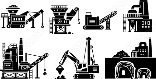 Mining and industrial processing equipment outline icons for excavation and crushing operations