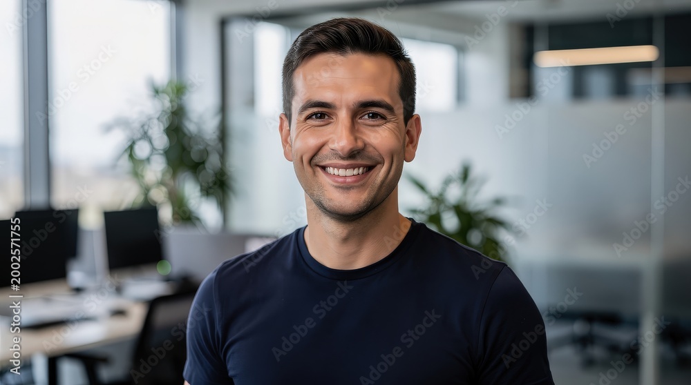 Obraz premium A smiling man in a dark shirt stands in a modern office with large windows and plants, radiating warmth and confidence.