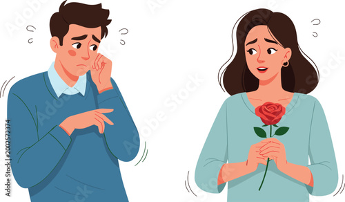 Romantic moment vector illustration with rose exchange