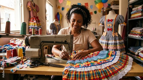 Smiling seamstress sewing a colorful traditional Festa Junina dress on her machine in a workshop