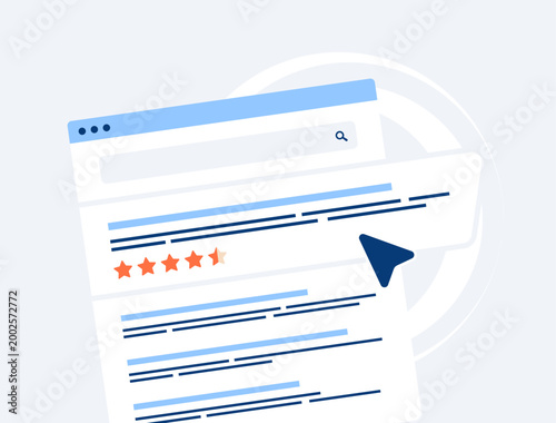 Review snippet with rich snippets and AI overview in search interface. Analyze reviews and rating for search ranking and reputation growth in Sge SEO results vector illustration
