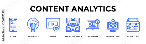 Content Analytics  Banner Web  Icon Set Collection Pack Vector Illustration Concept Containing Stats, Analytics, Views, Target Audience, Monetize, Innovation, Work Tool
