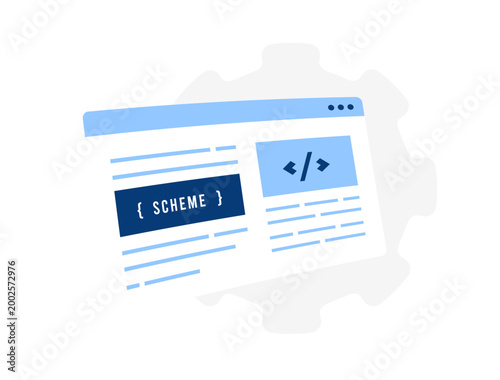 Schema markup with structured data and SEO optimization in website interface. Implement schema code and improve search visibility for better ranking and rich results display vector illustration