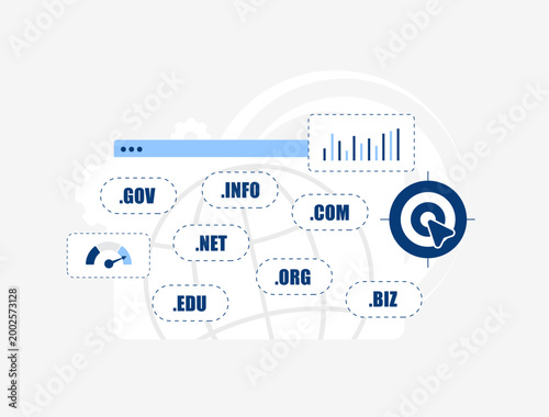 Domain targeting with SEO analytics and website traffic in digital interface. Analyze domain performance and optimize search visibility for ranking growth and audience targeting vector illustration