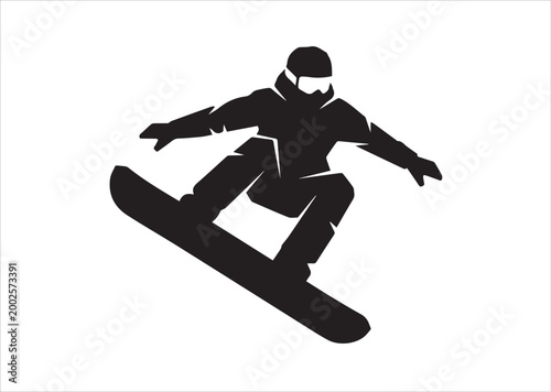 A black silhouette of a person snowboarding on a white background