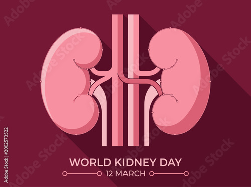 World Kidney Day Illustration with Human Kidney Anatomy, 12 March Medical Awareness Banner in Flat Graphic Design Style