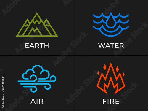 Set of Four Classical Elements Icons: Earth, Water, Air, and Fire. Minimalist Vector Symbols for Nature, Environment, and Ecology. Modern Line Art on Dark Background.