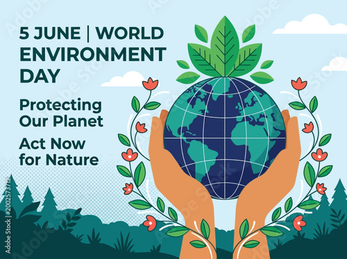 World Environment Day Poster Illustration with Hands Holding Earth Globe for Nature Conservation, Global Sustainability and Climate Action