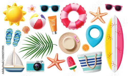 Summer 3d elements clipart set. Beach Summer elements colorful clip art collection like floaters, surfboard, sun, beachball, sea shells, hat and tote bag travel objects in white background