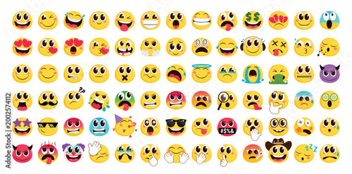 Emoji icon clipart set. Emojis yellow character flat clip art like happy, crying, in love, silly, angry, care and crazy emoticon facial expressions graphic element collection vector illustration.