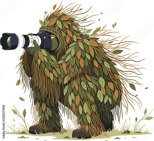 Camouflage photographer vector illustration with ghillie suit