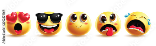 Emoji in love character clipart set. Emojis cool cute face clip art with in love, heart eyes, happy, smile, exhausted, silly, crying and naughty graphic elements yellow emoticon collection