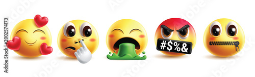 Emoji nose picking clipart character set. Emojis 3d cute face clip art like in love, disgusted, bad mouth, angry, silent and naughty facial expression emoticon graphic elements collection