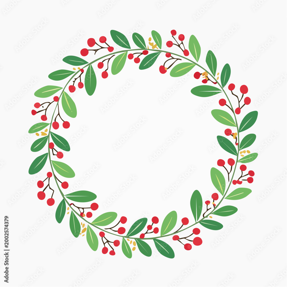 Obraz premium Christmas Wreath with Red Berries and Green Leaves