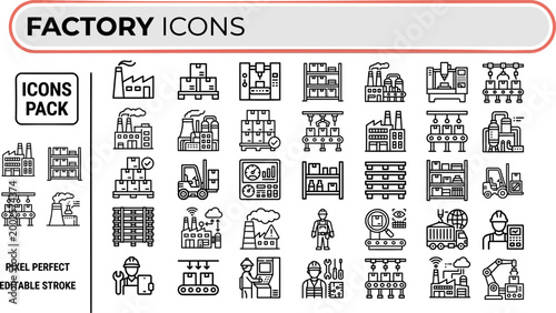 Factory line icon set for industrial production systems