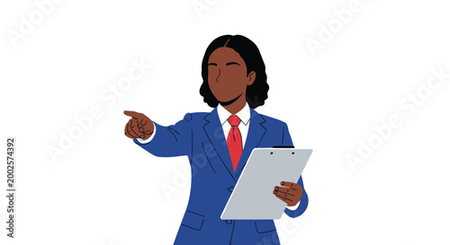 Professional black businesswoman in a blue suit holds a clipboard and points towards a specific direction with a serious look.