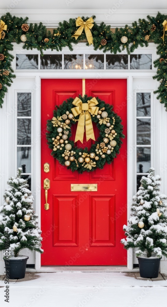 Fototapeta premium Festive Red Front Door with Christmas Wreath and SnowCovered Evergreens 1.
