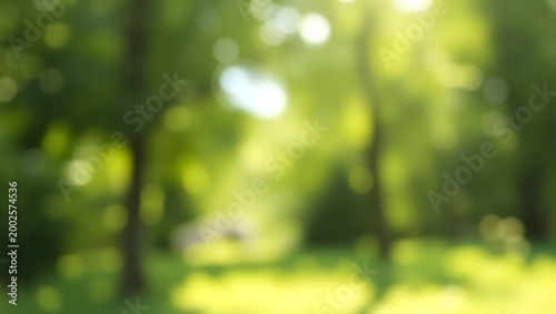 Soft focus view of vibrant green leaves and sun-drenched grass in a peaceful park setting, creating a tranquil and ethereal natural bokeh background with gentle light