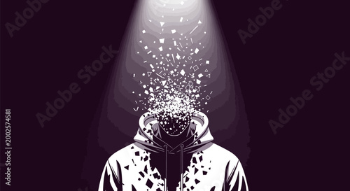 Abstract human head exploding into particles under spotlight symbolizing mental breakdown loss of identity