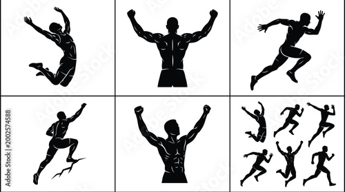 Quadro su tela Athletic human silhouettes, running, jumping, flexing muscles, sports poses, dyn