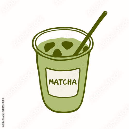 Iced matcha drink in plastic cup with straw