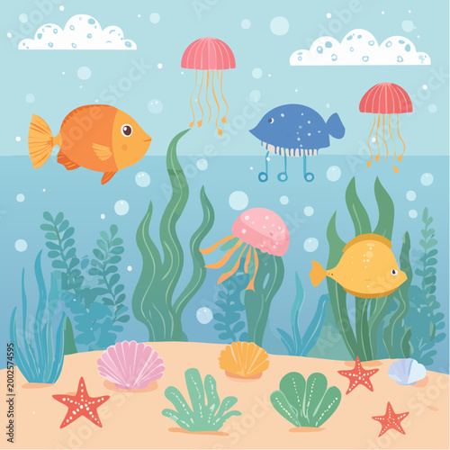 Cute hand-drawn marine life illustration set for aquarium decorations.