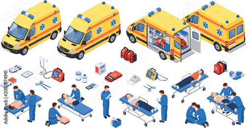 Ambulance Emergency Service Isometric Set, Collection of Paramedics, Medical Equipment and Patient Care Scenes Vector Illustration