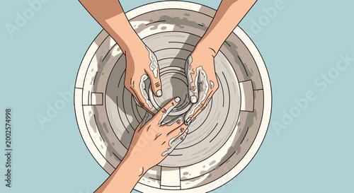 Top down view of two pairs of hands working together to shape wet clay on a rotating pottery wheel in a creative ceramic workshop environment.
