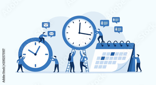 Team collaborating on time management and planning building a giant clock and calendar for project deadlines