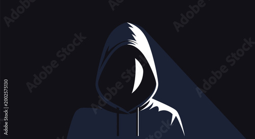Anonymous hooded figure with obscured face casting long shadow representing mystery secrecy and digital threat