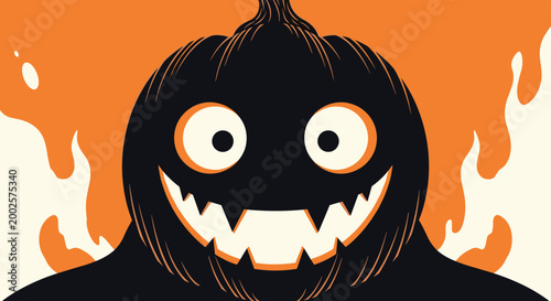 Spooky close up of a stylized black jack-o-lantern pumpkin with wide staring eyes and a jagged toothy grin set against a fiery orange background.