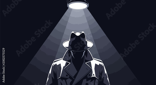 Mysterious figure in fedora and trench coat illuminated by spotlight conveying secrecy espionage and noir atmosphere