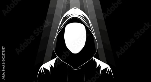 Anonymous figure in hooded sweatshirt face obscured illuminated by dramatic spotlight beams against a dark textured