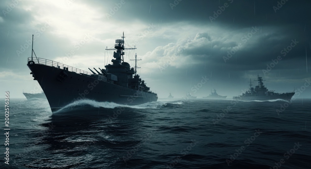 Obraz premium Warships Navigating Stormy Seas Under Dramatic Sky.